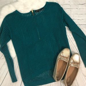 Jeanne Pierre Teal Open Knit Back Zipper Sweater S